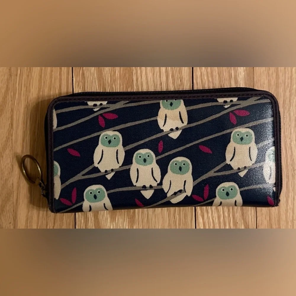 Fossil Coated Canvas Navy Blue Owl Print Zipper Wallet